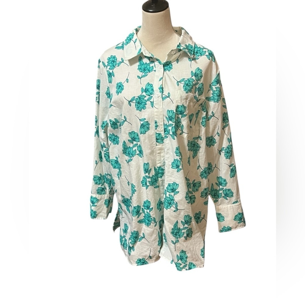 WOMAN WITHIN Women L 18/20 Plus Cotton/Linen Shirt White w Green Floral